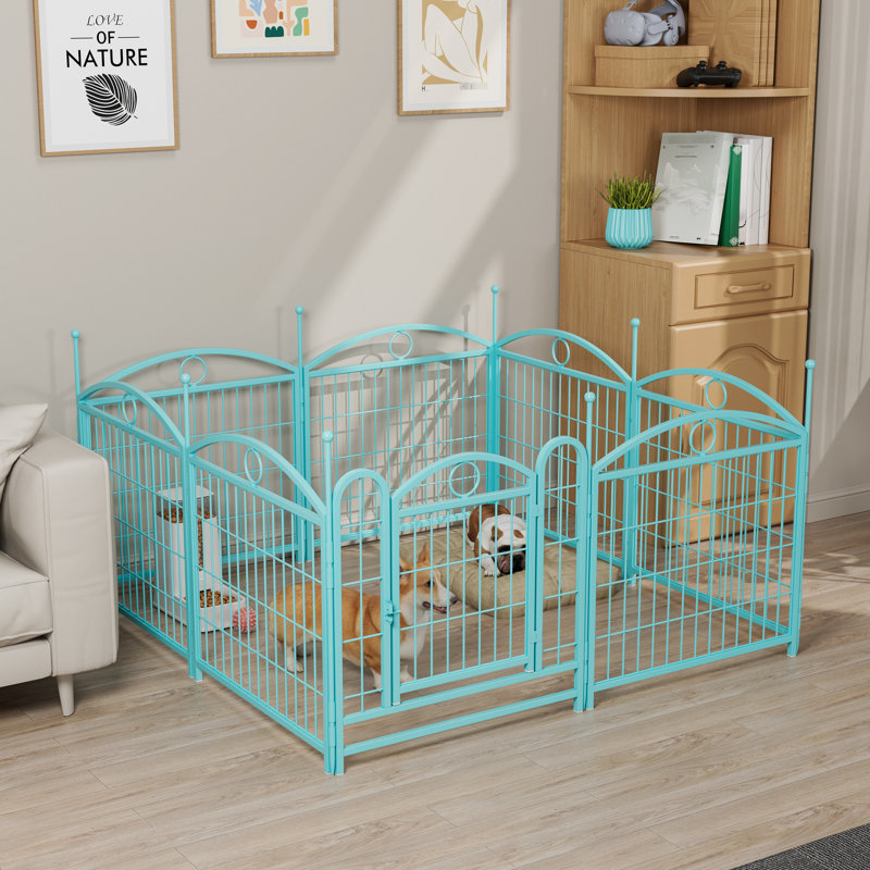 Clôture pliable pour chien en métal, 8 panneaux d'une hauteur de 24,2 po, Bleu