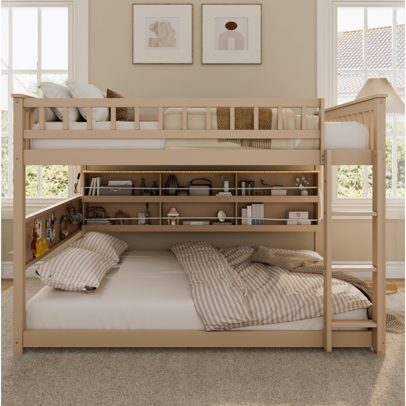 Lit superposé double au-dessus de double avec tablettes intégrées, lumières à changement de couleur et panneau perforé, beige