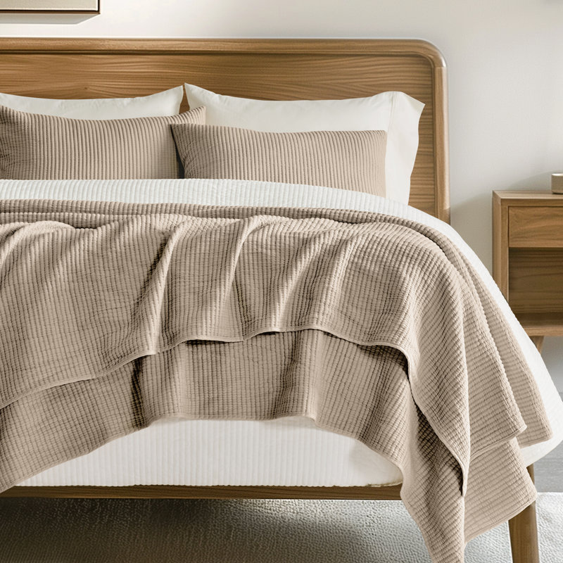 Ribbed Matelassé Cotton Coverlet Set, Queen Quilt + 2 Queen Shams, Urban Taupe