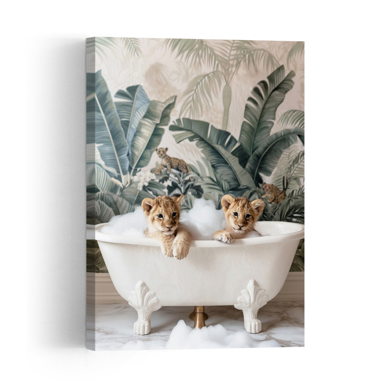 Lion Cubs Bubble Bath Abstract Palm Tree Landscape Nature Wall Art Print 1 Piece Wrapped Canvas Wall Art