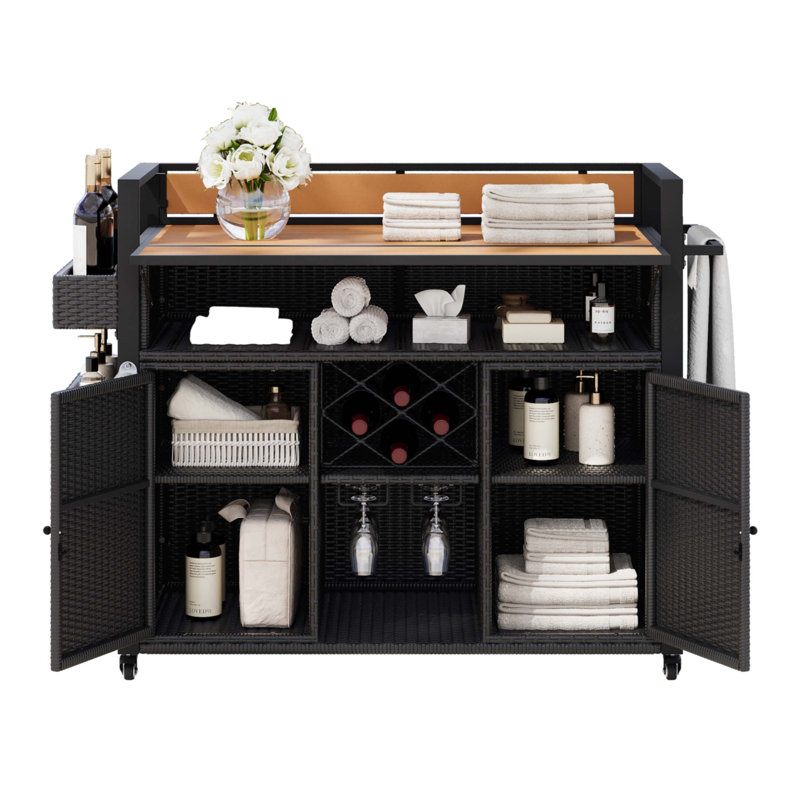 Kylie Wicker Rolling Kitchen Island On Wheels With Storage Cabinet, Black