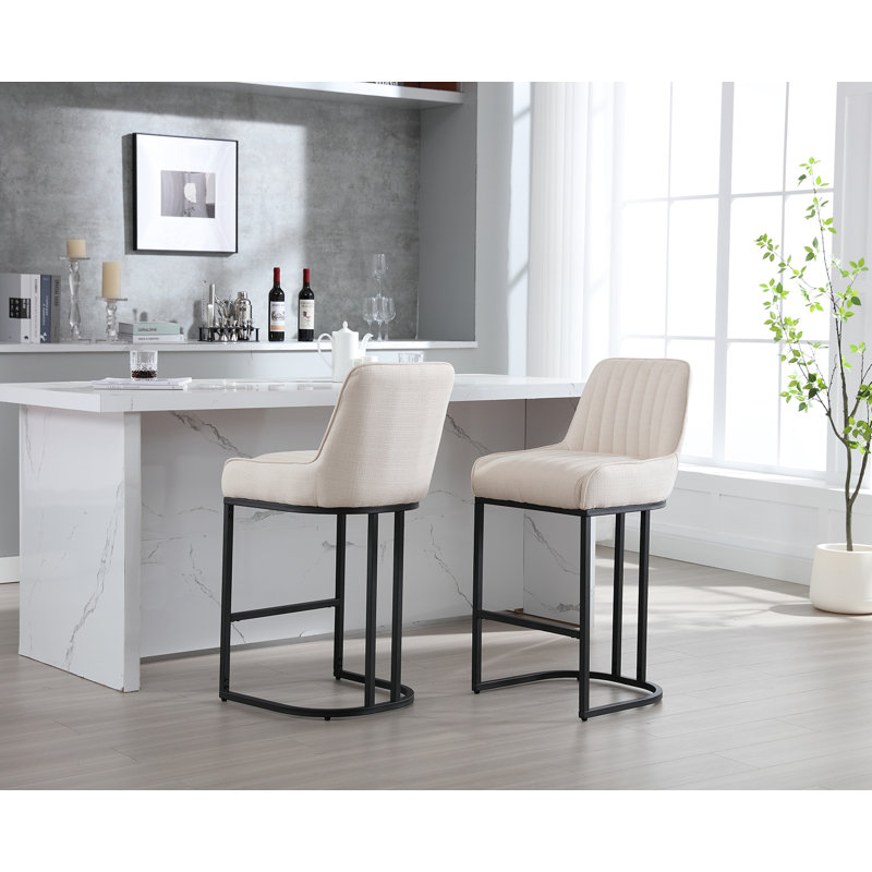 Beige Velvet Upholstered Counter Stools with Gold Metal Base, Set of 2