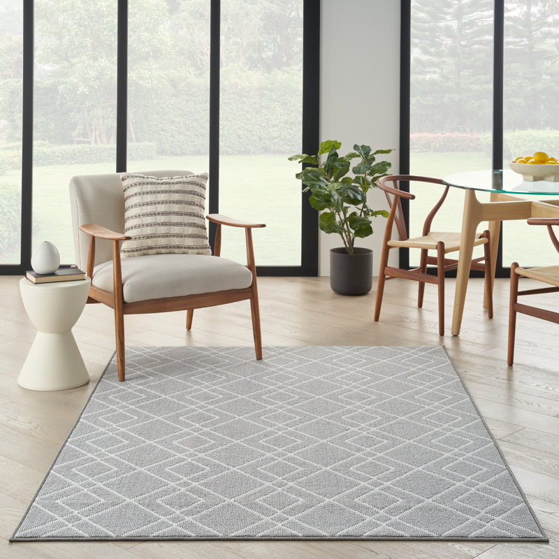 Tapis gris en laine et polyester tissé à la machine à motif géométrique Dijone, Rectangle 5 pi x 7 pi