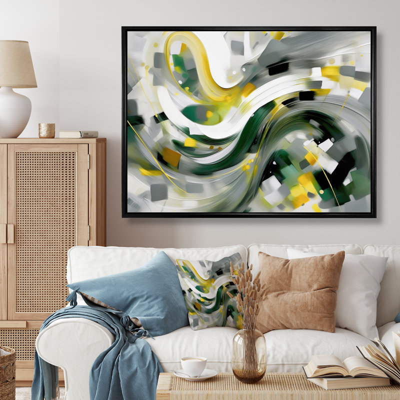 «Yellow and Green Abstracted Perspectives I» sur toile, H 24 po x l 32 po x P 1 po, Cadre flottant noir