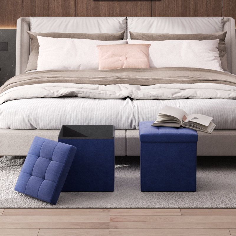 15" Cube Folding Ottoman With Storage, Cotton-Linen Collapsible Foot Stool, For Living Room, Bedroom Entryway, Navy Blue