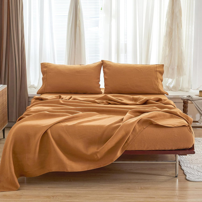 100% French Linen Sheet Set Breathable Durable For Hot Sleepers Bedding 4 Pcs - 1 Flat Sheet,1 Fitted Sheet,2 Pillowcases
