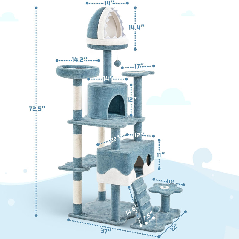 Ocean-Themed Blue and White Multi-Level Cat Tree Tower with Shark Bed