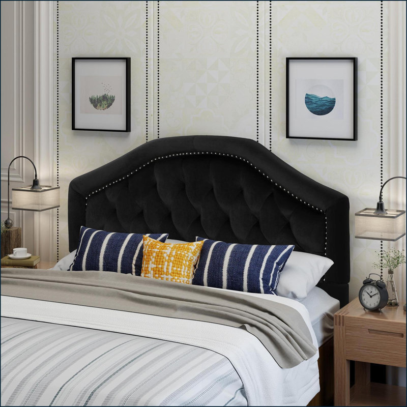 Queen Size Solid Wood Upholstered Headboard - Adjustable Height Metal Legs, Tufted Stitch &amp; Nailhead Trim for Bedroom