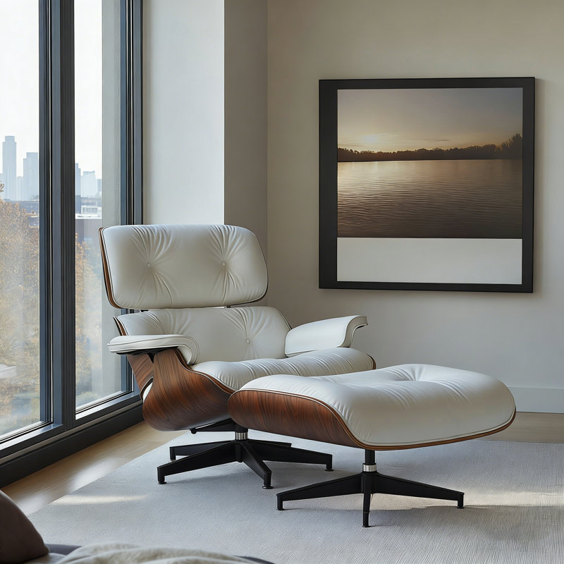Fauteuil lounge en cuir avec bois massif, Cuir blanc bois de rose