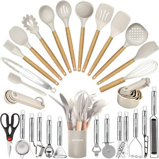Kitchen Utensils Set- 35 Pcs Cooking Utensils With Grater,Tongs, Spoon Spatula &Turner Made Of Heat Resistant Food Grade Silicone And Wooden Handles Kitchen Gadgets Tools Set For Nonstick Cookware