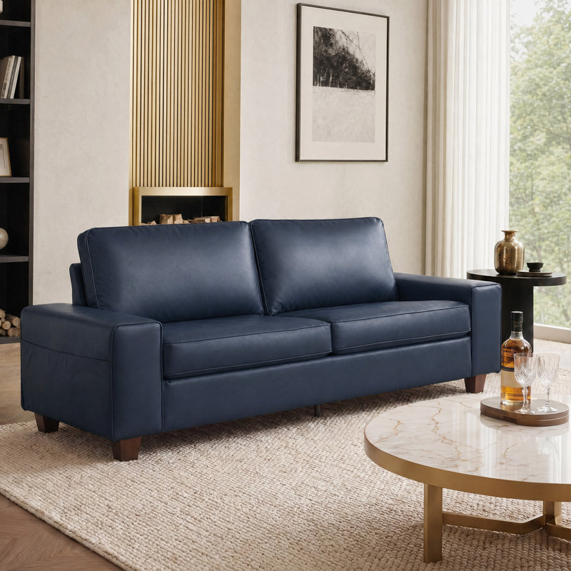 Gilmar 89" Upholstered Vegan Leather Sofa with Square Arms and Storage Pockets, Blue