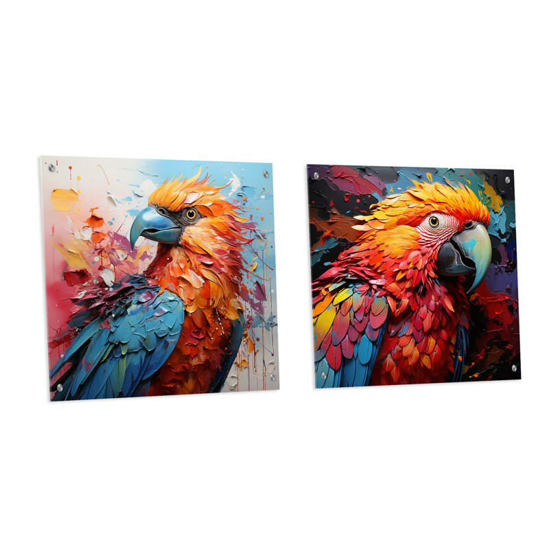 «Parrots Colorful Encounters» - ensemble de 2 peintures murales en acrylique, H 36 po x l 73 po