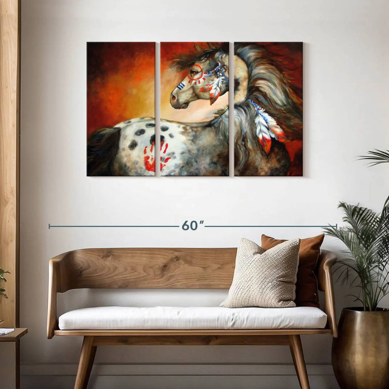 Poney de guerre indien 4 plumes, H 28 po x l 45 po