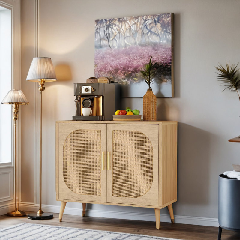 Beige Rattan and Wood Adjustable Shelving Bathroom Cabinet