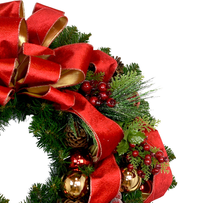 Couronne de Noël rouge et or Abrom avec décorations et pommes de pin