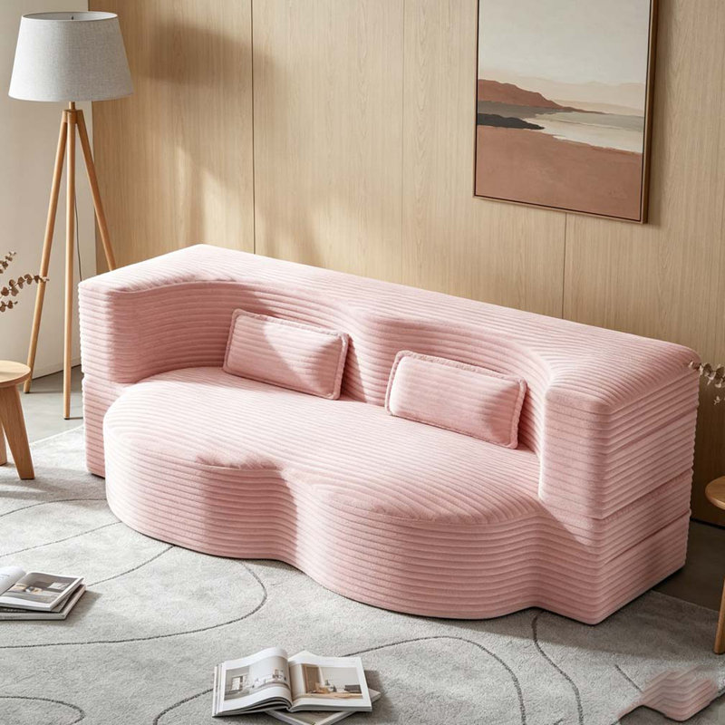 Modern Floor Sofa with 2 Pillows, Corduroy, Baby Pink