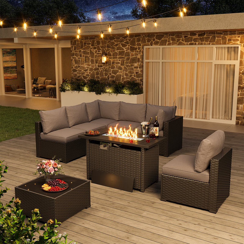 8 Pieces Patio Furniture Set With 44" Propane Gas Fire Pit Table, Conversation Set For Garden, Patio, Backyard, Gray