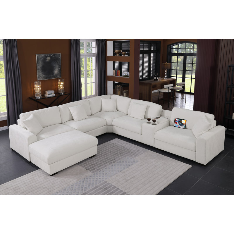 Canapé modulaire d'angle rembourré moderne avec consoles, H 36 po x l 137,5 po x P 124 po, Chenille blanche