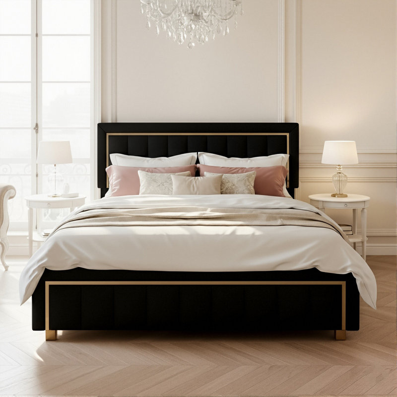 Velvet Ottoman Bed, Glam Upholstered Storage Frame With Trim, European King (160 x 200 cm), Black