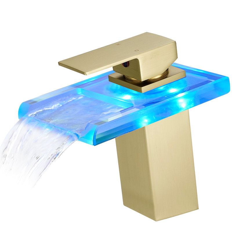 Robinet de lavabo pour salle de bain à DEL 3 couleurs, bec cascade, fixation sur comptoir à un trou, mélange d'eau chaude et froide, robinet doré brossé avec couleur, eau, fixation, trou,