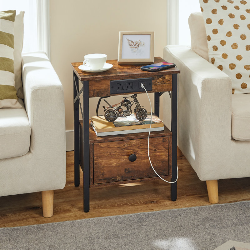 Rickett 15'' W Nightstand with USB Ports, Rustic Brown/Black