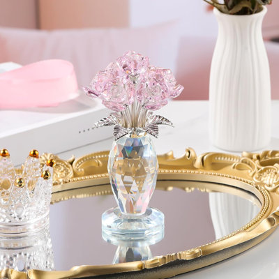 Decorative Crystal Rose Bouquet Figurine with Faceted Flowers, Metallic Leaves and Clear Vase