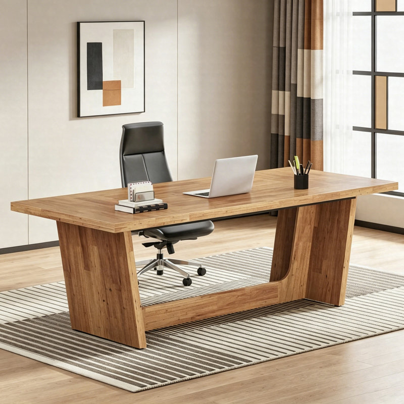 70.8-Inch Executive Desk, Wood Study Computer Desk Writing Table, Large Industrial Office Table, Walnut