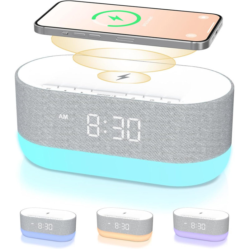 3 In 1 Sound Machine Alarm Clock& Wireless Charger Soothing White Noise Bluetooth Music Relaxation & Customized Sleep-Wake Routine