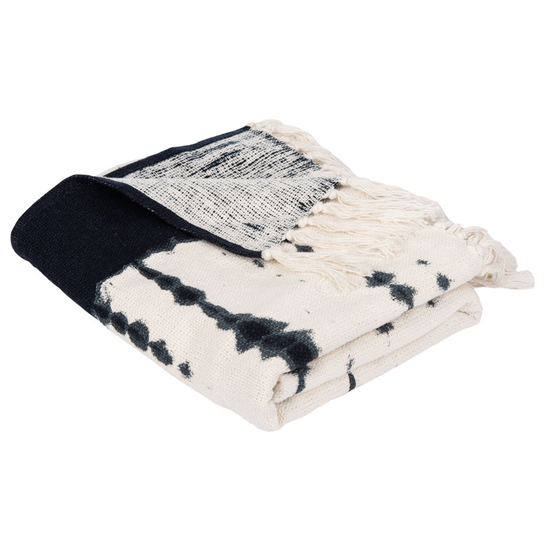 Arya Beige and Navy Cotton Throw Blanket with Fringe