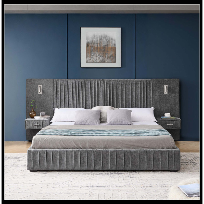 Structure de lit tapissier très grand avec tissu en chenille avec motif plissé, lit plateforme très grand avec base et tête de lit solide et table de chevet. Pas besoin de sommier tapissier - GRIS FONCÉ