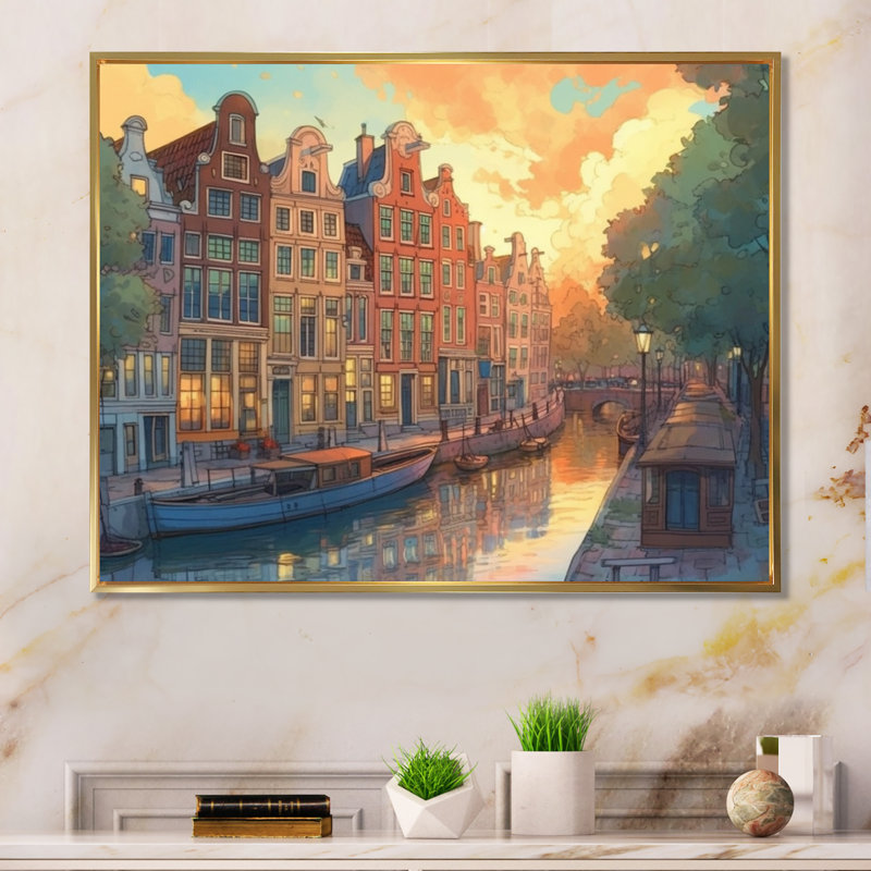 Peaceful Amsterdam I, reproduction d'art sur toile, H 24 po x l 32 po x P 1 po, Cadre flottant doré