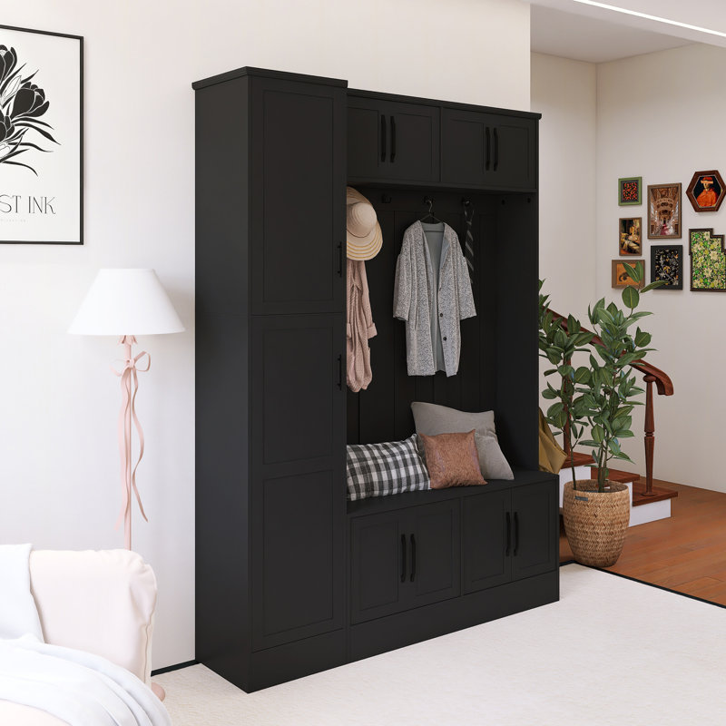 Arbre d'entrée 59,00 pouces avec 6 armoires, 4 crochets à manteau et une tablette réglable, Noir