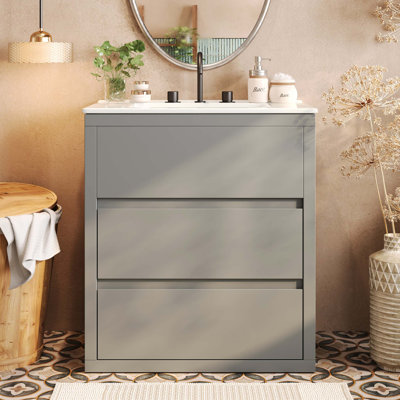30" Bathroom Vanity with Ceramic Sink and 2 Full-Extension Drawers, Freestanding Bathroom Vanity with 45° Free-Handle Design, Soft Close Undermount Drawer Slides