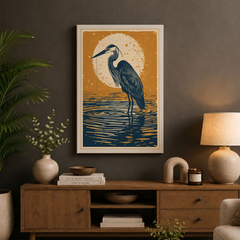 Moonlit Heron Japandi - Wrapped Canvas, 18x12 - 45.7 x 30.5 cm, Terracotta Border