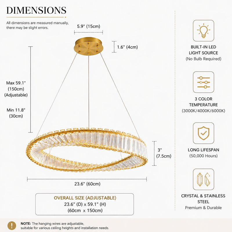 Modern Gold Crystal LED Ring Chandelier, Dimmable Infinity Circle Ceiling Light Fixture with Adjustable Height for Dining Room Living Room