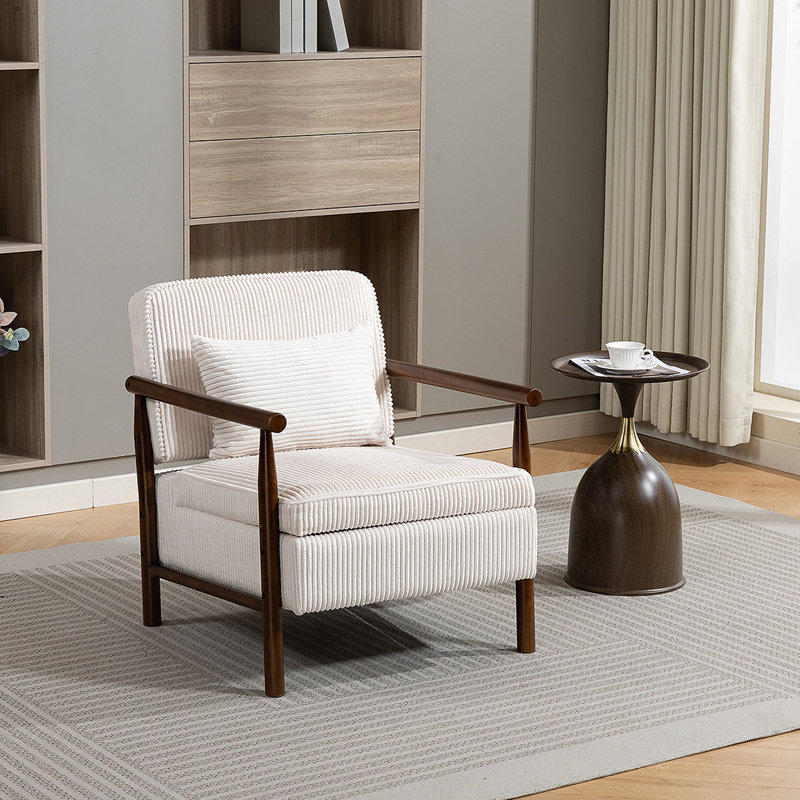 Chaise de rangement, fauteuil d'appoint moderne Mid-Century avec structure en bois, chaises de salon rembourrées avec coussin de taille, fauteuil de lecture pour véranda de chambre à coucher