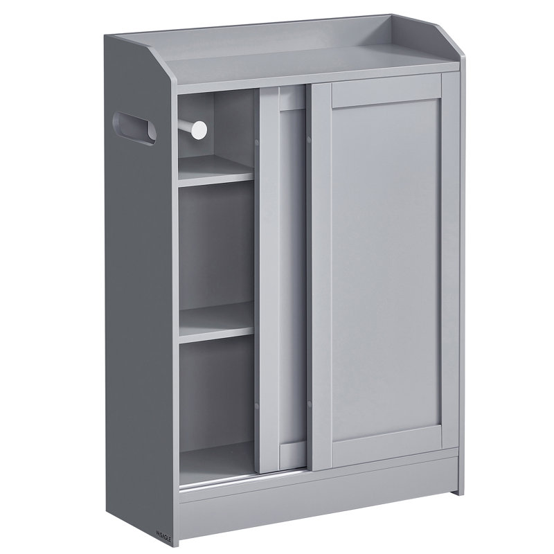 Storage Cabinet with Toilet Paper Holder and Brush Compartment, Sliding Doors, Adjustable Shelves, Gray