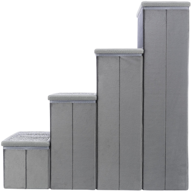 Gray Velour Foldable 4-Step Pet Stairs with Storage