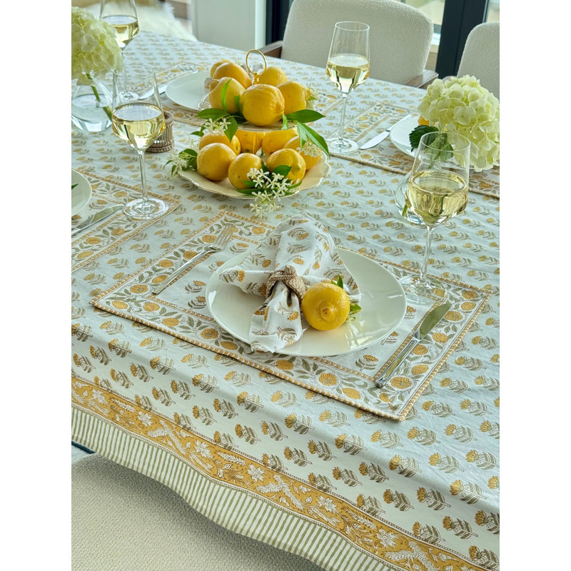 Hand Block Print Tablecloth, Yellow, 90" L x 70" W