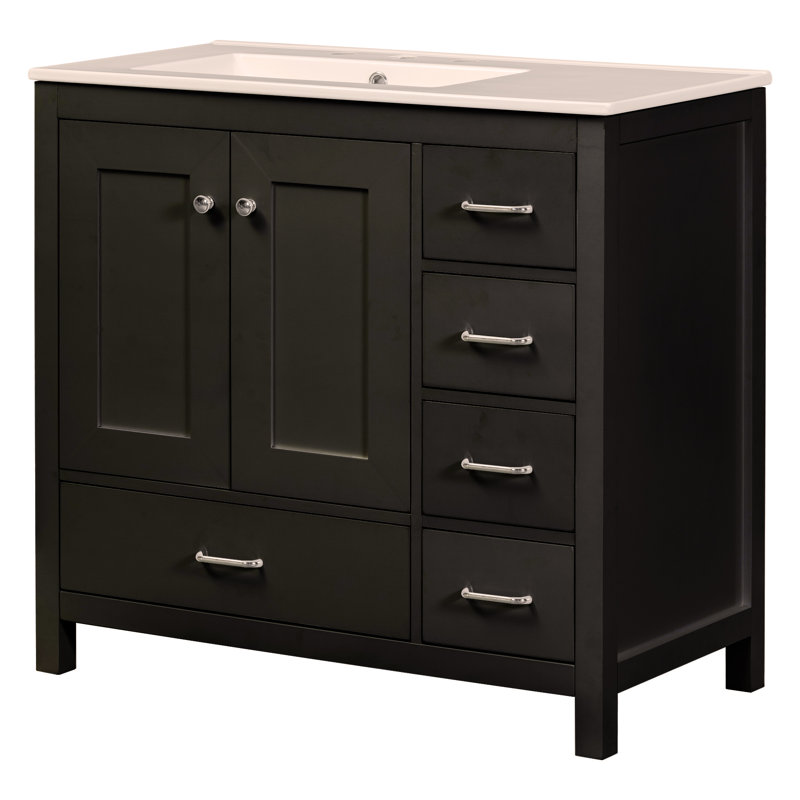 Ensemble de meuble-lavabo 36 po avec lavabo en céramique, armoire de rangement abondante, 2 portes à fermeture douce et 5 tiroirs
