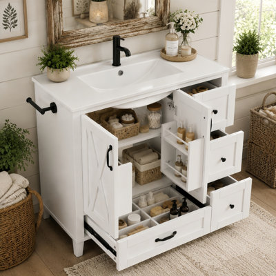 Meuble-lavabo blanc 36 po avec lavabo, armoire de salle de bain autoportante avec comptoir en céramique, portes en X, 4 tiroirs de rangement, tablettes de porte, tablette réglable, barre à serviettes réversible