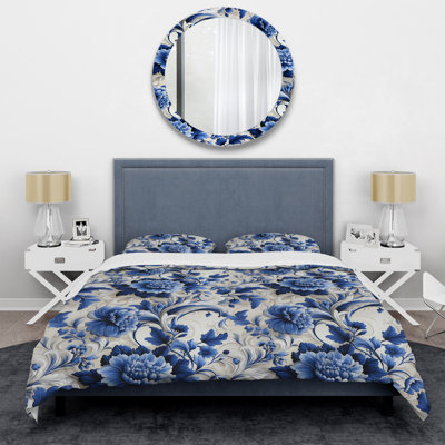Cobalt Blue Lacework Scrolls Victorian Pattern II - Ensemble de housse de couette à motif floral