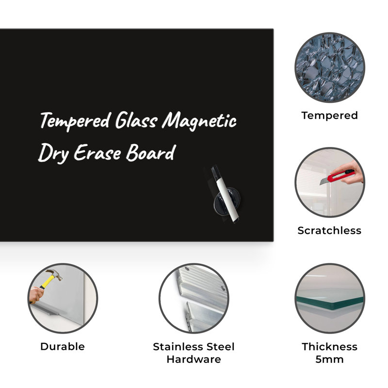 Panneau de verre magnétique mural, 16 po x 16 po, Noir
