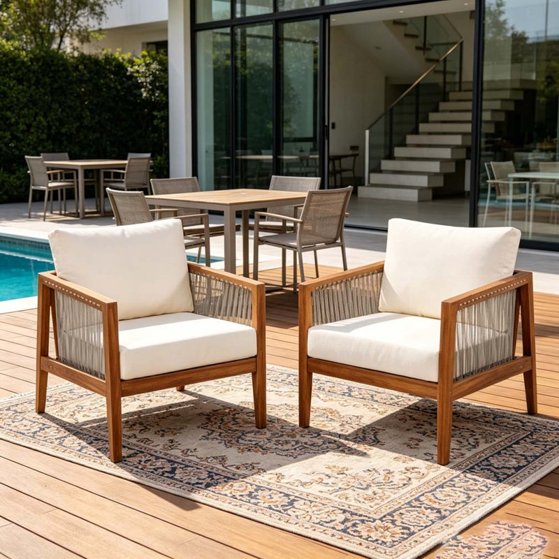 Fauteuils club d'extérieur, structure en bois d'acacia avec dossier en corde, coussins hydrofuges, Beige,Teak-2pieces