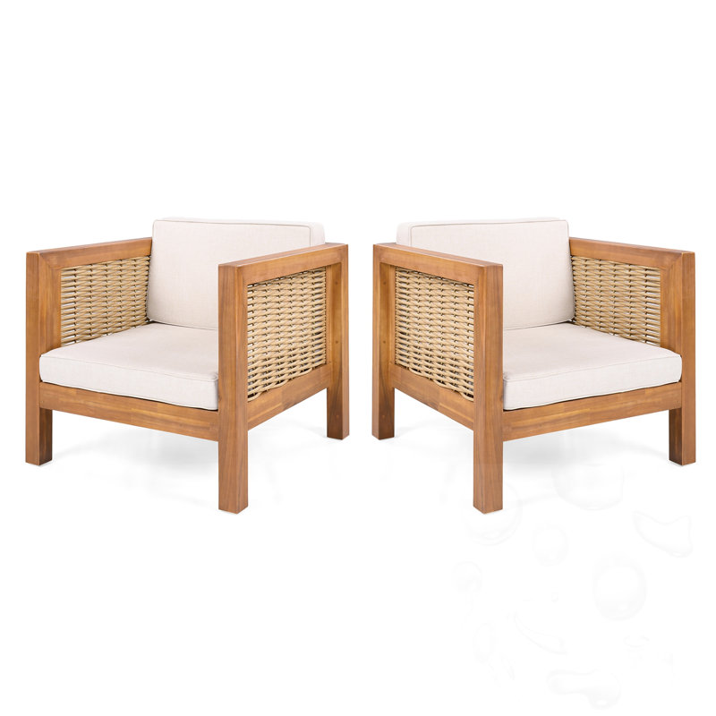 Fauteuil club d'extérieur avec accoudoirs en osier et coussins (ensemble de 2)