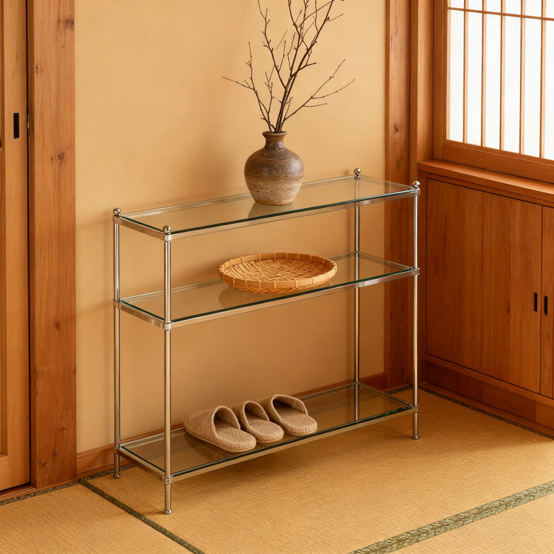 Modern Console Table With Tempered Glass Shelves And Chrome Frame For Living Room Entryway Hallway