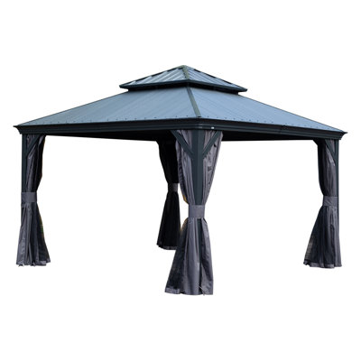 12' X 18' Hardtop Gazebo Outdoor Metal Gazebo With Galvanized Steel Double Roof Canopy, Aluminum Frame, Curtains And Netting For Patio, Deck, Garden, Grey