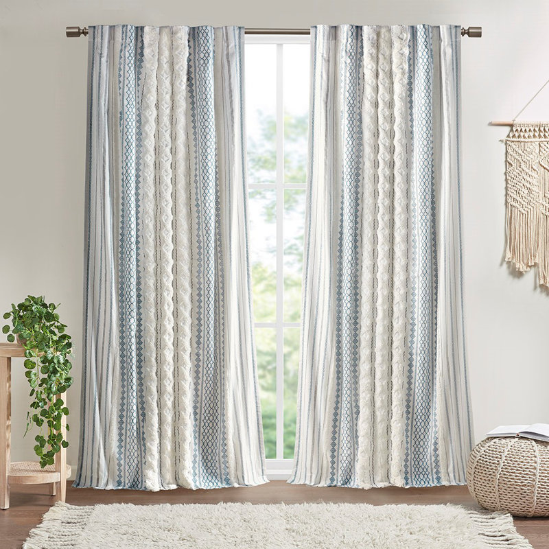 Cotton Printed Curtain Panel With Chenille Stripe And Lining, 50" W x 95" L,  Blue/White