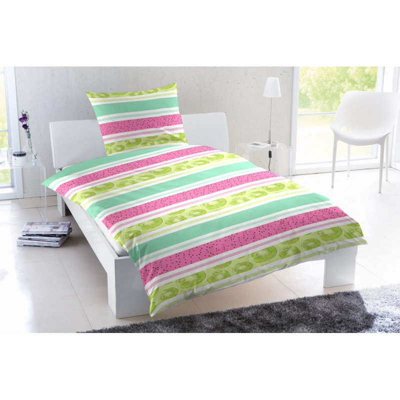 Dupuis  Cotton 144 TC 2 Piece Duvet Cover Set, 155 x 220cm Duvet Cover + 1 Pillowcase, Green/Pink