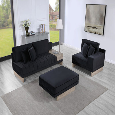 122.5"W Black Velvet Reversible Sectional Sofa Ottoman With Storage Compartment, Drawer, Usb Ports, Charging Outlets